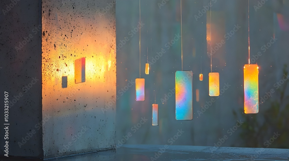 Aufkleber Mesmerizing rainbow patterns and chromatic effects created by the interaction of flare and hanging glass prisms producing a captivating and visually striking abstract design