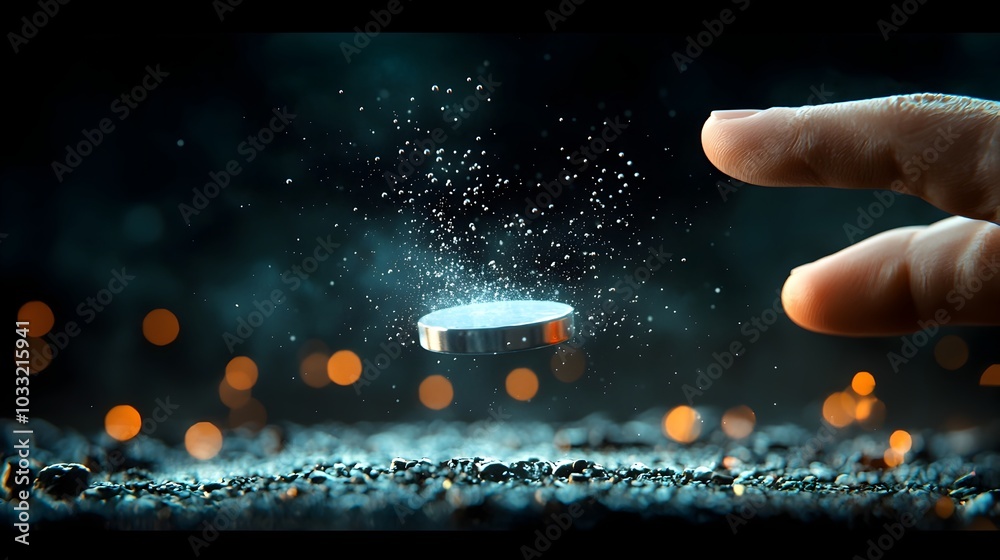 Poster Mesmerizing visualization of a magnet effortlessly floating above a superconductor showcasing the remarkable phenomenon of quantum levitation