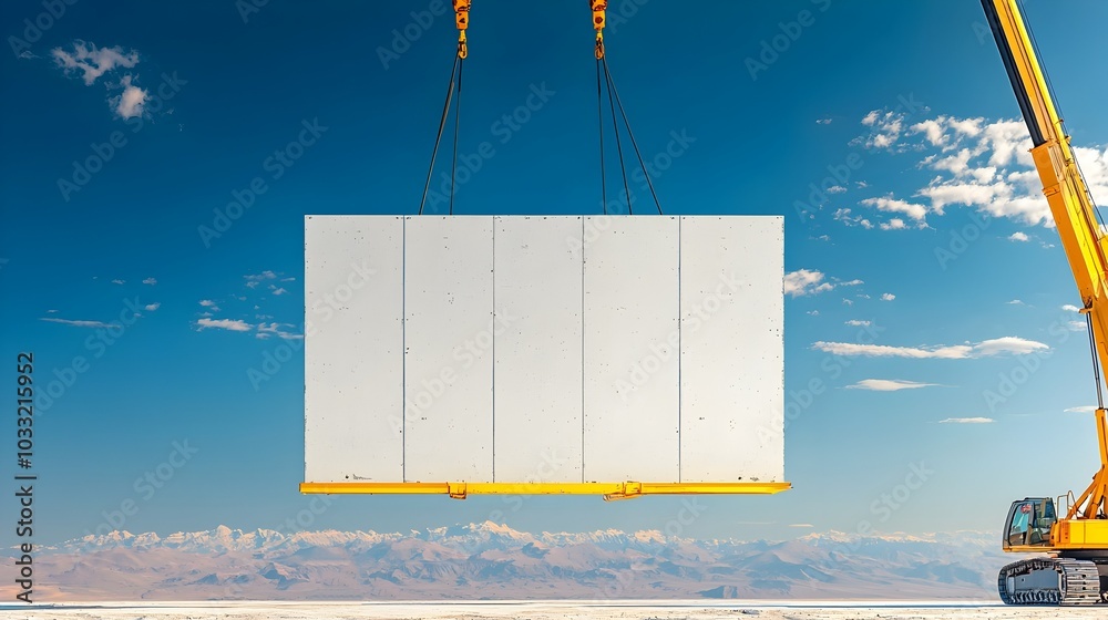 Poster mobile crane lifting prefabricated wall towards building frame structure for construction site assem