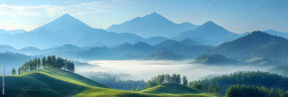Poster misty mountain peaks rise into the clouds with silhouettes of trees lining the slopes in a tranquil 