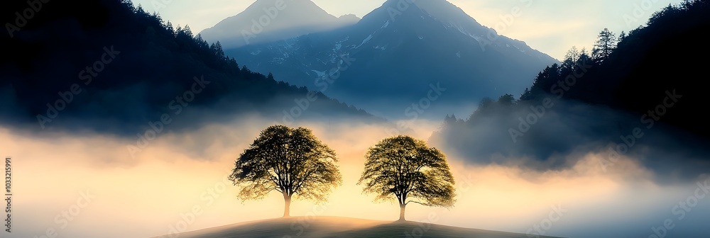Poster mystical mist covered mountain peaks with silhouettes of trees along the slopes creating an eerie an