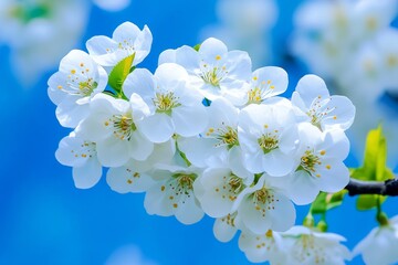 Obraz premium White Cherry Blossoms Under a Bright Blue Sky, Capturing Serenity and Joy.