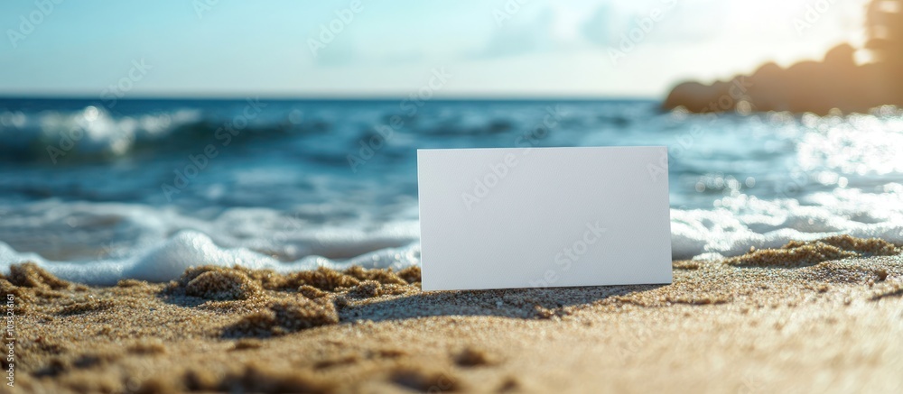 Sticker Blank card on a sandy beach with blue ocean water and waves in the background.