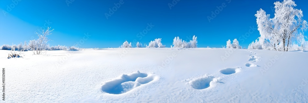 Poster paw prints in fresh snow creating a delicate trail across a serene frozen landscape with a peaceful 