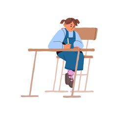 Little girl sits at the school desk, writing. Cute student does homework, learning. Child prepares for test, exam, studies at lesson. Education. Flat isolated vector illustration on white background