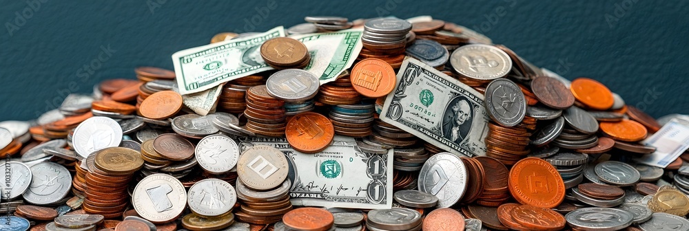 Poster Scattered pile of various banknotes and coins representing the concept of financial transactions business earnings and monetary exchanges