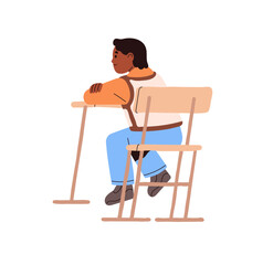Student sits at the desk during lesson in classroom back view. Child learning, does homework, prepares for exam, test. Boy at the school table. Flat isolated vector illustration on white background