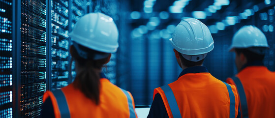 A team in safety gear observes servers in a data center, highlighting a high-tech environment focused on data management and infrastructure.