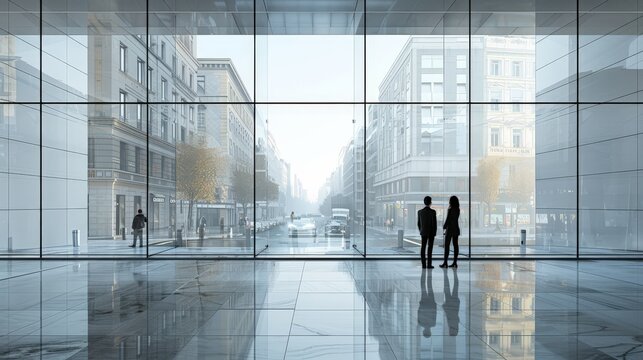 In a minimalist office, the consultant advises the client, with the bustling European street reflected in the windows, symbolizing urban business vibrancy.