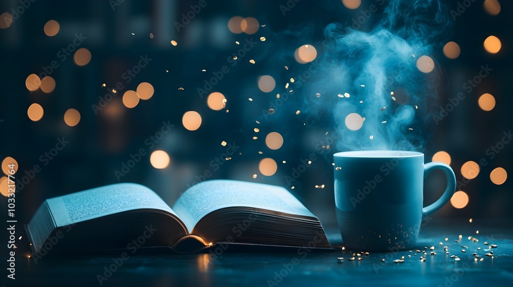 Poster steam rising from a warm cup of aromatic coffee set against the blurred backdrop of bookshelves crea