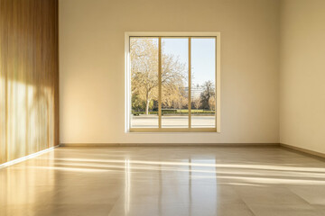 Obraz premium Bright and spacious modern room featuring large window and minimalistic design in daylight