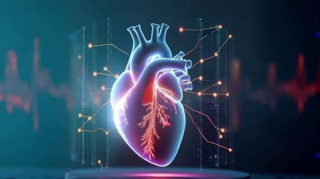 Glowing hologram of human heart organ. medical innovation concept.