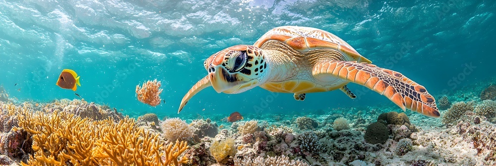 Poster stunning image of a turtle gracefully gliding through a vibrant coral reef surrounded by a diverse a
