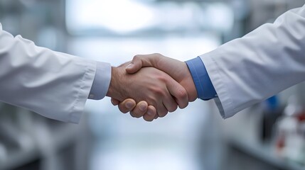 Two People in White Coats Shaking Hands in a Blurry Background