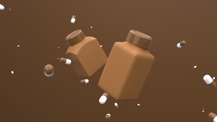 Medicine plastic bottles flying in the air on the brown background with floating pills. Medicine package design. 3d illustration.