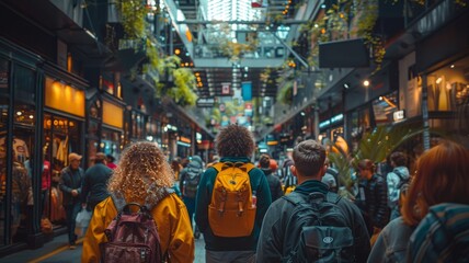 Obraz premium A group of travelers walking through a narrow, lively street lined with shops and colorful lanterns, creating a vibrant and energetic atmosphere.
