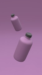 Tow plastic bottles flying in the air on the purple background. Package design. 3d illustration.