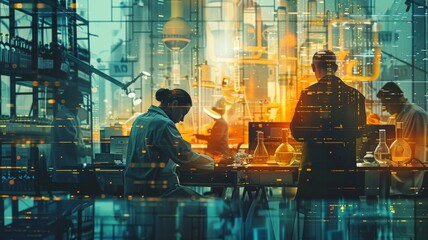 People working in a futuristic office environment with transparent screens and digital interfaces, creating a high-tech and innovative workspace.