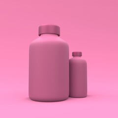 Medicine plastic bottles on a pink background. Medicine package design. 3d illustration.