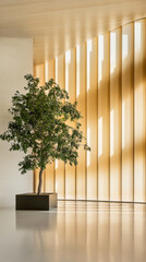 A green tree in a modern room with wooden slat walls and sunlight streaming through
