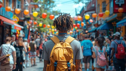 Obraz premium A person with a backpack walking down a busy street lined with festive lanterns, experiencing the energy and vibrance of a cultural celebration.