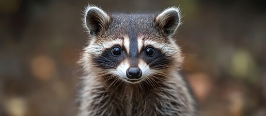 Obraz premium Close-up portrait of a curious raccoon with big black eyes looking directly at the camera.