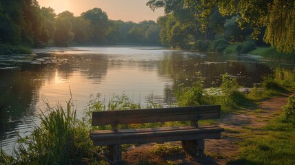 Obraz premium A tranquil lakeside scene at sunset, with a wooden bench overlooking the water, surrounded by trees and greenery, reflecting peace and calm.