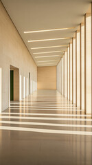 Fototapeta premium Modern architectural hallway with sunlight casting lines in a minimalist interior space
