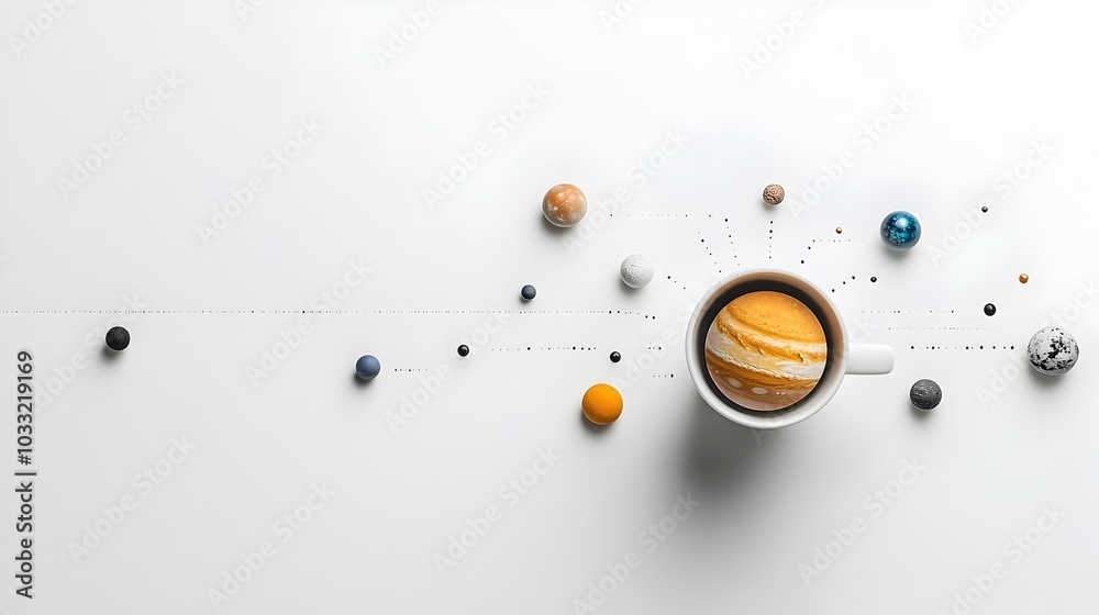 Poster A captivating and surreal scene depicting a coffee cup with miniature planets orbiting inside merging the everyday object with the vastness of space  This digital creation combines imagination