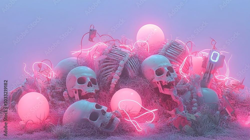 Aufkleber a captivating and haunting digital art piece showcasing a surreal pile of bones glowing in vibrant n