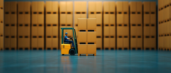 A forklift operator moves boxes in a large warehouse filled with stacked orange storage containers, showcasing logistics and inventory management.