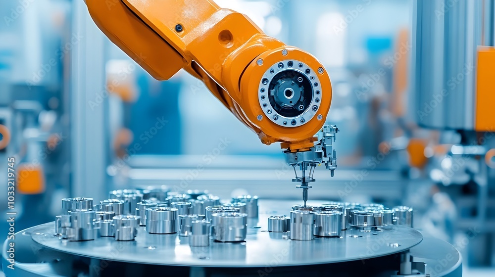 Poster a robotic arm equipped with powerful magnets picking up and moving metal components along an automat