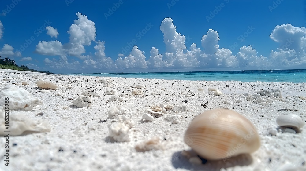Poster A serene and minimalist coastal landscape featuring a collection of rocks and shells on a sandy beach leading the viewer s eye towards a distant and calming horizon
