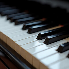 Close up of a piano keyboard with black keys and white keys