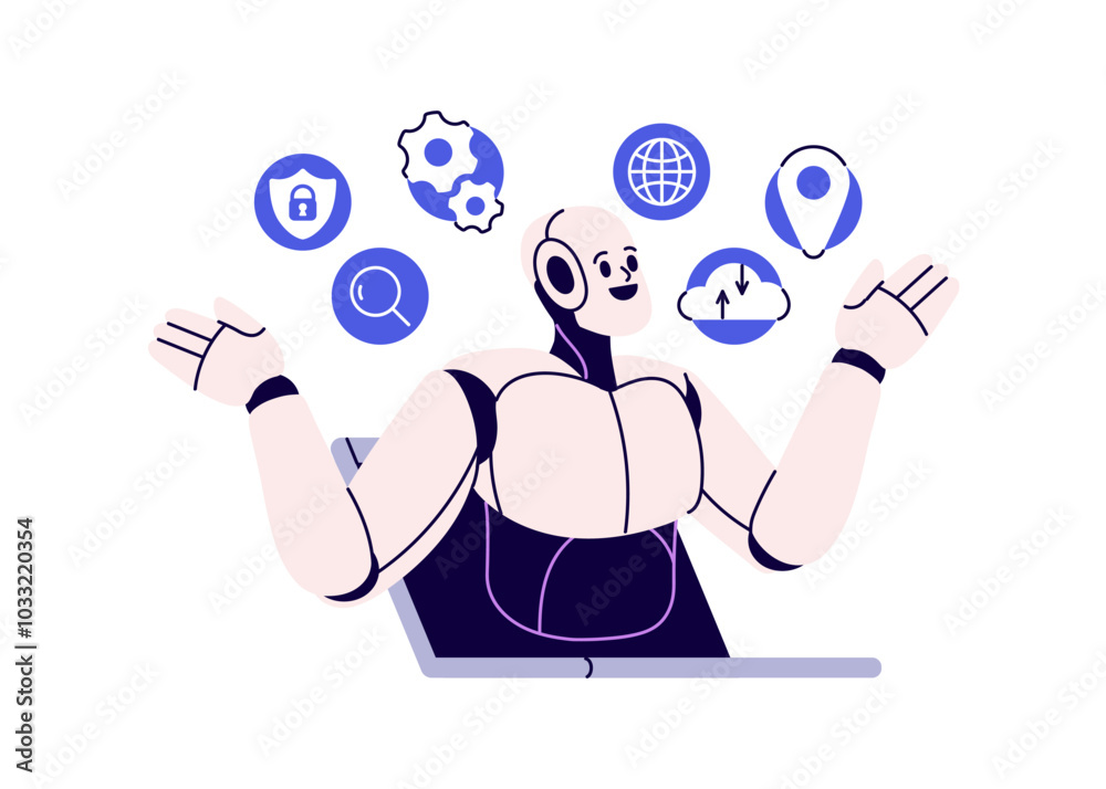 Aufkleber Technology concept, AI services. Digital robot assistant, multi-functional bot providing automated help with information, smart online support. Flat vector illustration isolated on white background