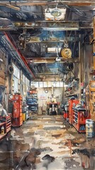 Obraz premium Produce a watercolor painting of an automotive repair shop near me