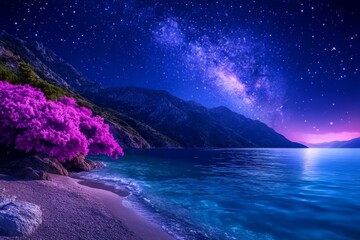 Stunning Night Landscape with Purple Bougainvillea, Under a Starry Sky by the Serene Ocean. Generative AI