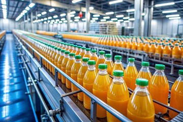 Fototapeta premium Bottles of orange juice on a conveyor belt