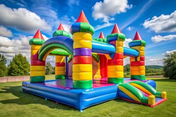 A colorful inflatable castle with a rainbow roof