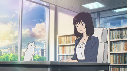 Fototapeta premium young woman sits at desk in bright library, smiling at white cat nearby. scene captures serene moment filled with warmth and curiosity