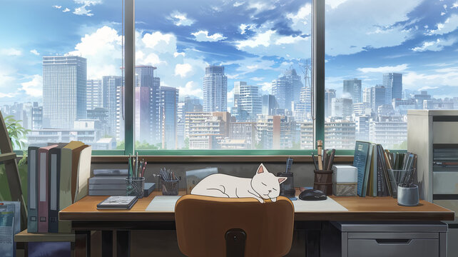 serene anime style workspace featuring sleeping white cat on wooden desk, surrounded by stationery and stunning city skyline view. atmosphere is calm and inviting