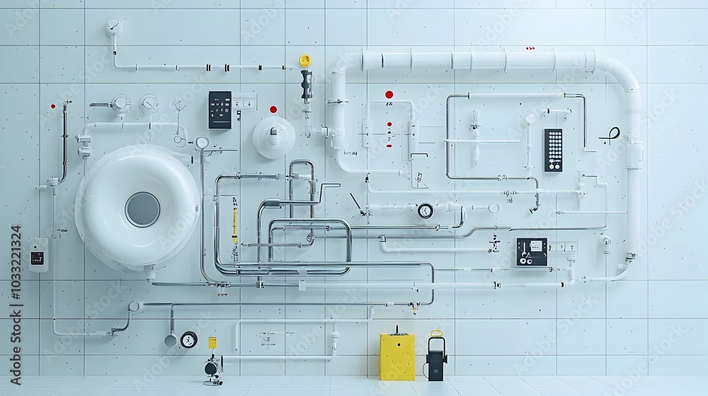 Aufkleber Metallic pipes arranged in a musical notation pattern visualizing the harmony and interconnectedness of industrial machinery and production processes