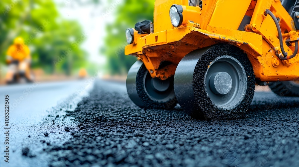 Poster Asphalt Paver Machine Smoothing and Leveling a Fresh Layer of Road Surface with Precision and Efficiency for Construction and Infrastructure Projects