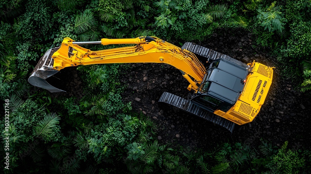 Poster backhoe arm extended and poised above an open trench ready for construction work on an infrastructur