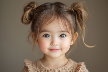2 year old asian girl smiling as she is getting her picture taken. She has two pigtails in her hair. background is solid color