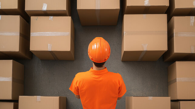 A person in an orange safety vest and helmet stands facing a series of cardboard boxes, arranged systematically on the floor.