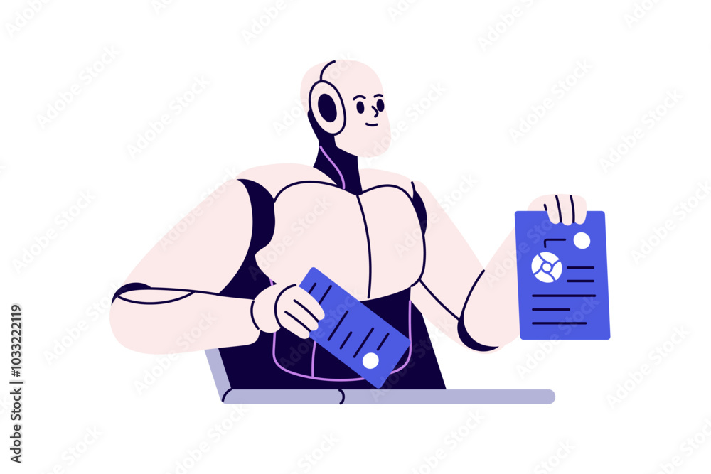 Fototapete AI technology concept. Artificial intelligence, robot assistant offering automated replies for business tasks. Chat bot helping with information. Flat vector illustration isolated on white background