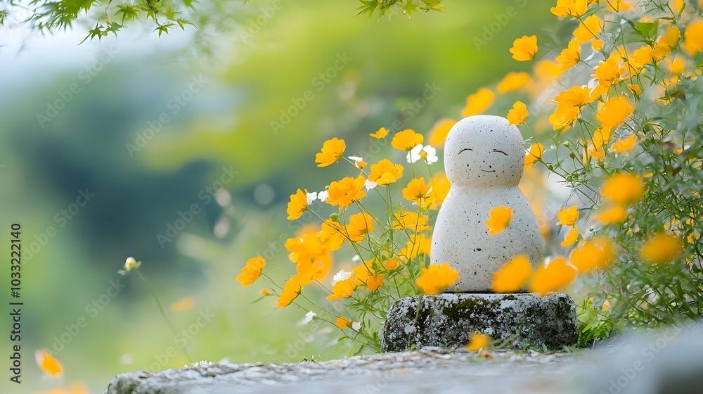 Aufkleber Blurred and vibrant floral elements in the foreground frame a clear and distinct subject such as a bird or statue creating an visually intriguing composition