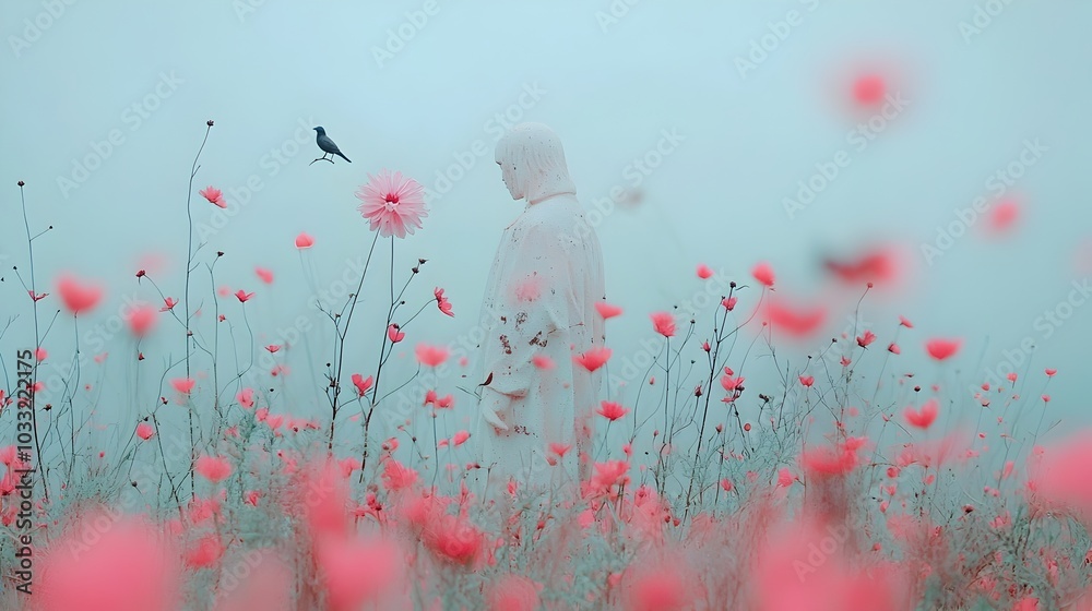Aufkleber Blurred pink and white flowers in the foreground creating a soft dreamlike frame around a clear subject like a bird or statue in a serene nature scene  Peaceful natural and visually striking