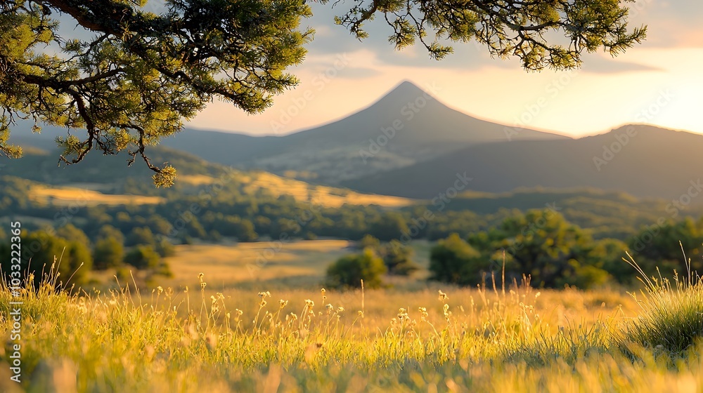 Aufkleber Blurred tree branches delicately framing a distant snow capped mountain peak creating a serene and minimalist landscape that inspires a sense of tranquility